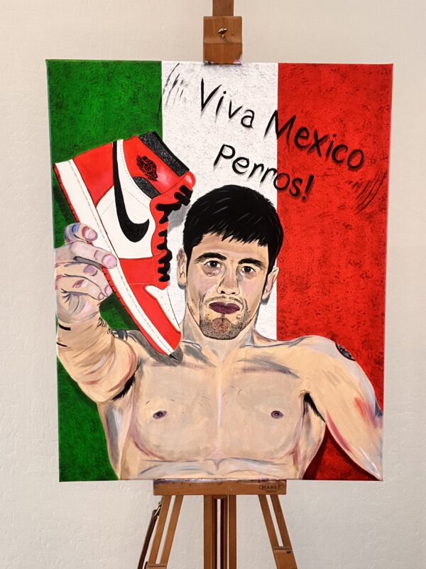 Brandon Moreno Original Painting hoilding up shoe after UFC fight - Pop Culture Paintings